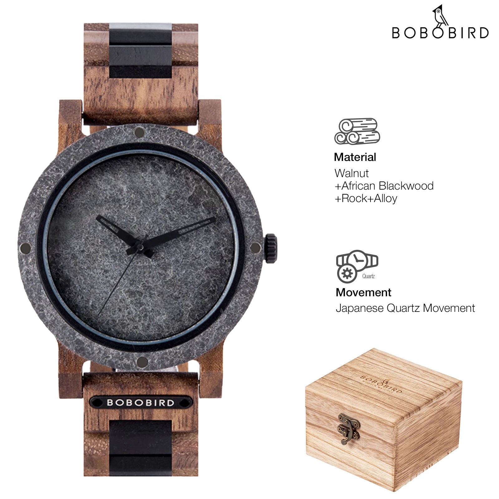 BOBO BIRD Stone Crafted Dial Wooden Watch
