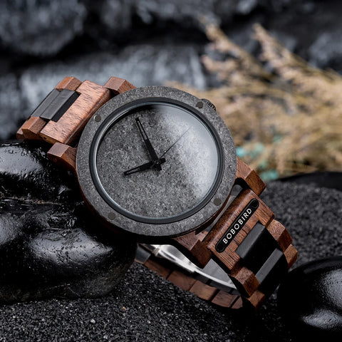 BOBO BIRD Stone Crafted Dial Wooden Watch