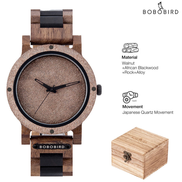 BOBO BIRD Stone Crafted Dial Wooden Watch