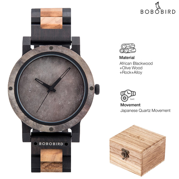 BOBO BIRD Stone Crafted Dial Wooden Watch