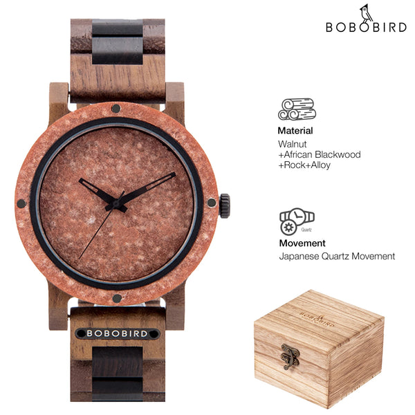 BOBO BIRD Stone Crafted Dial Wooden Watch