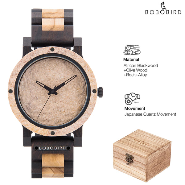 BOBO BIRD Stone Crafted Dial Wooden Watch