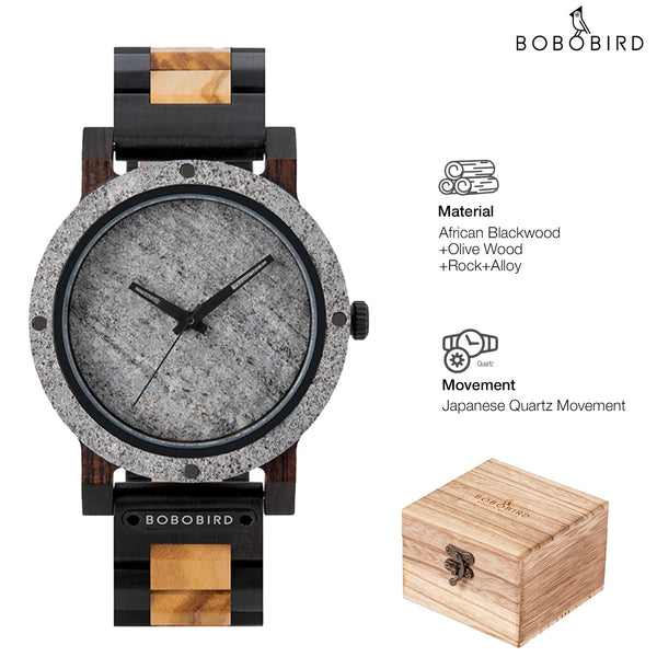 BOBO BIRD Stone Crafted Dial Wooden Watch