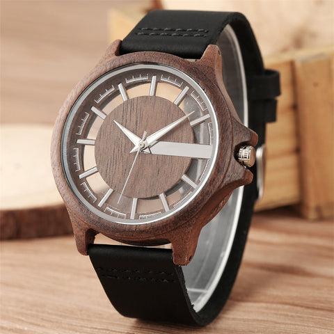 Transparent Hollow Wooden Watches with Genuine Leather band