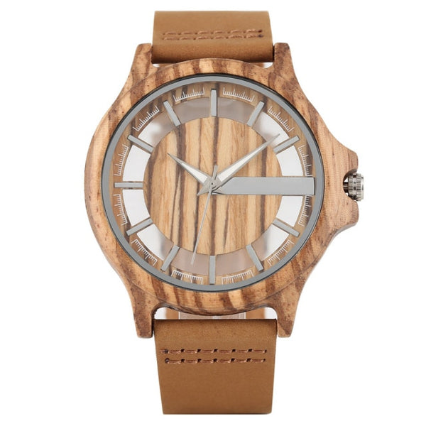 Transparent Hollow Wooden Watches with Genuine Leather band