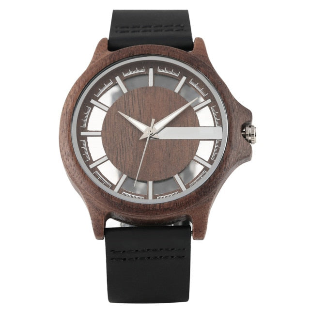 Transparent Hollow Wooden Watches with Genuine Leather band